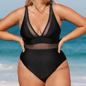 Cupshe Omniscient Solid Mesh Panel Tummy Control Black One Piece Swimsuit